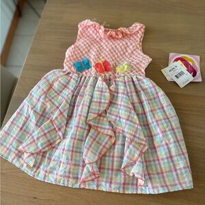 Youngland Pink and Yellow seersucker Plaid Dress with Floral Accents